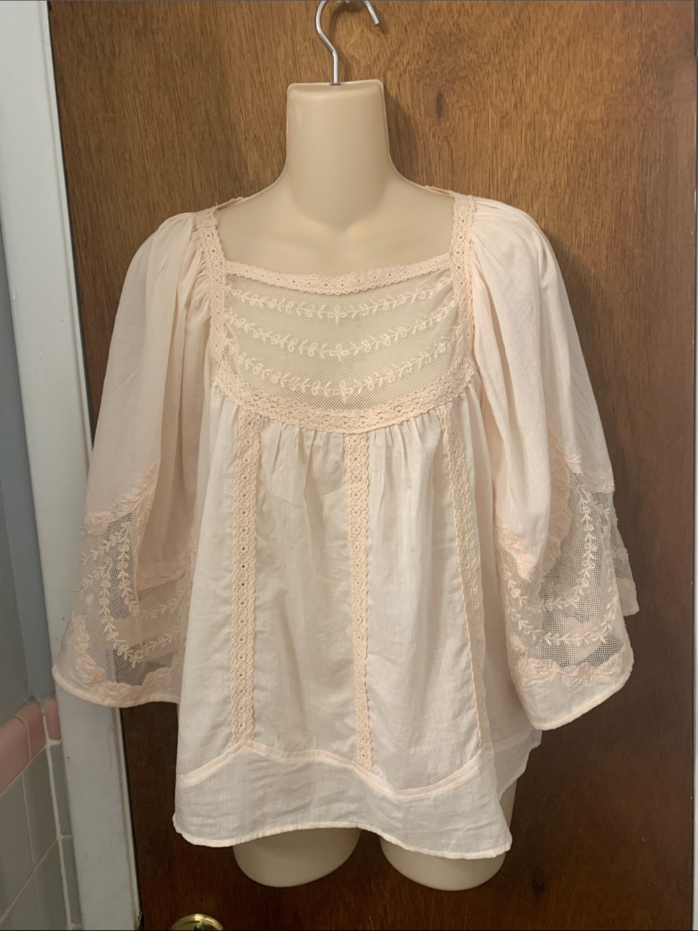 Light Pink Crochet Lace Yoke Boho Blouse